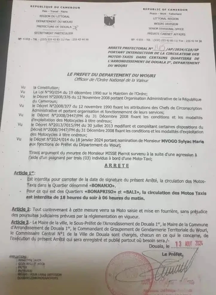 Douala/Mobilité urbaine: Les motos-taxis interdits de circuler dans les Bonapriso et Bali de 18h à 6h du matin