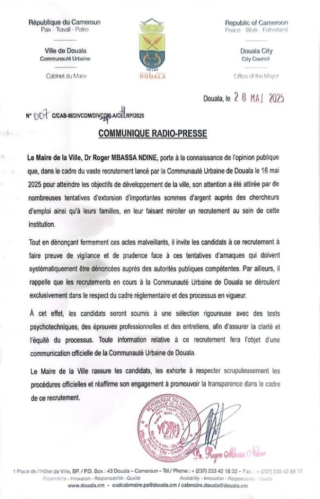 Douala riposte contre l’escroquerie : le Maire alerte et agit pour un recrutement public transparent