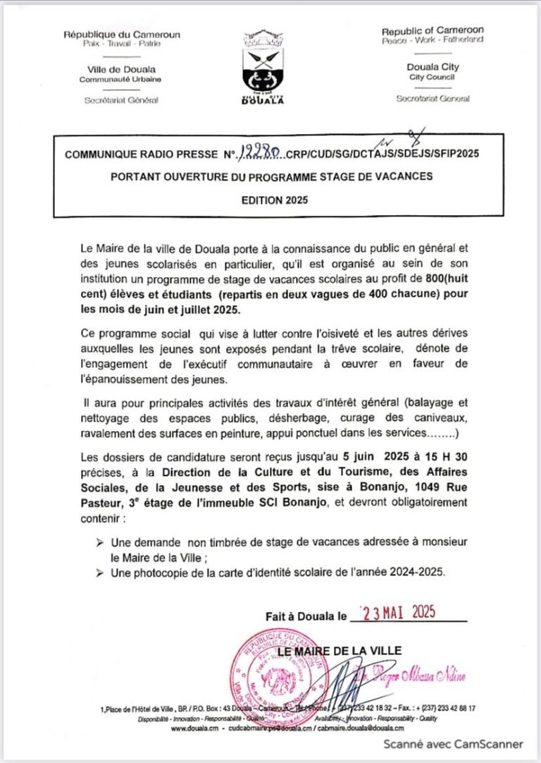 800 places de stages pour former une génération citoyenne et engagée pendant les vacances à Douala